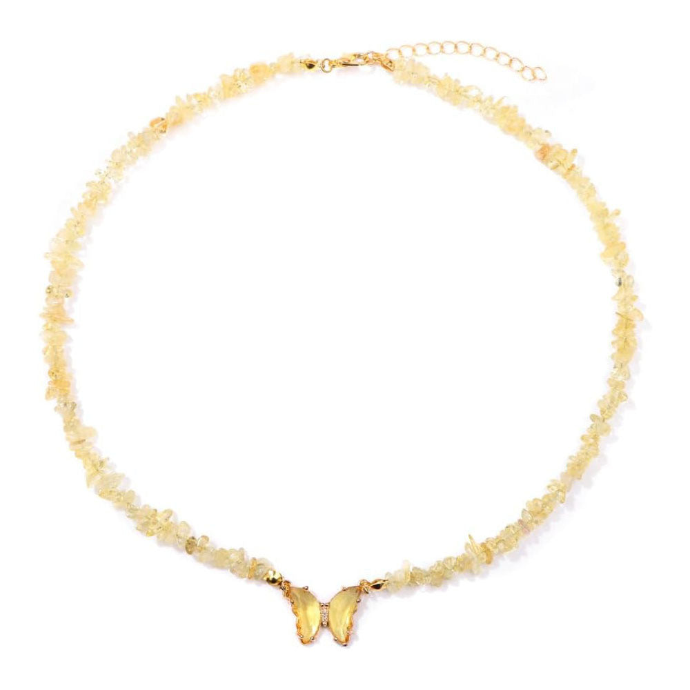 Butterfly Brass Necklace with Cubic Zirconia and Crystal Pendant Cable Chain Unisex
