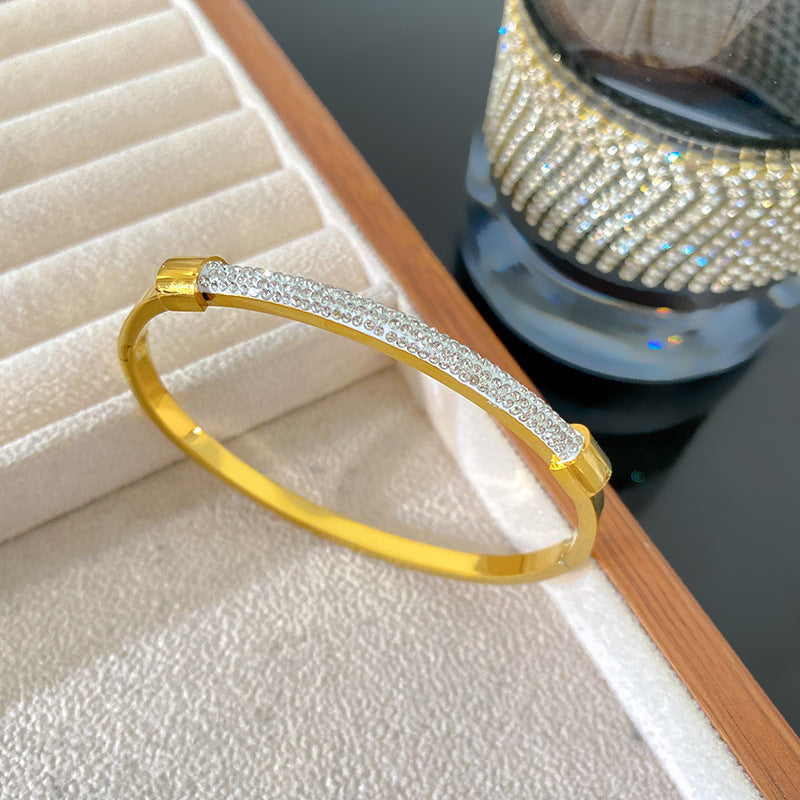 Luxury 18K Gold Plated Geometric Titanium Steel Bracelet with Full Cubic Zirconia Inlay for Women