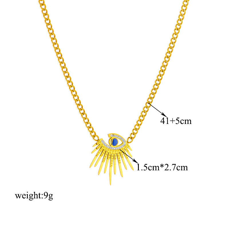 Irregular Sun Demon Pendant Necklace with Blue Enamel Eyes and Rhinestone Inlay in Titanium Steel for Women