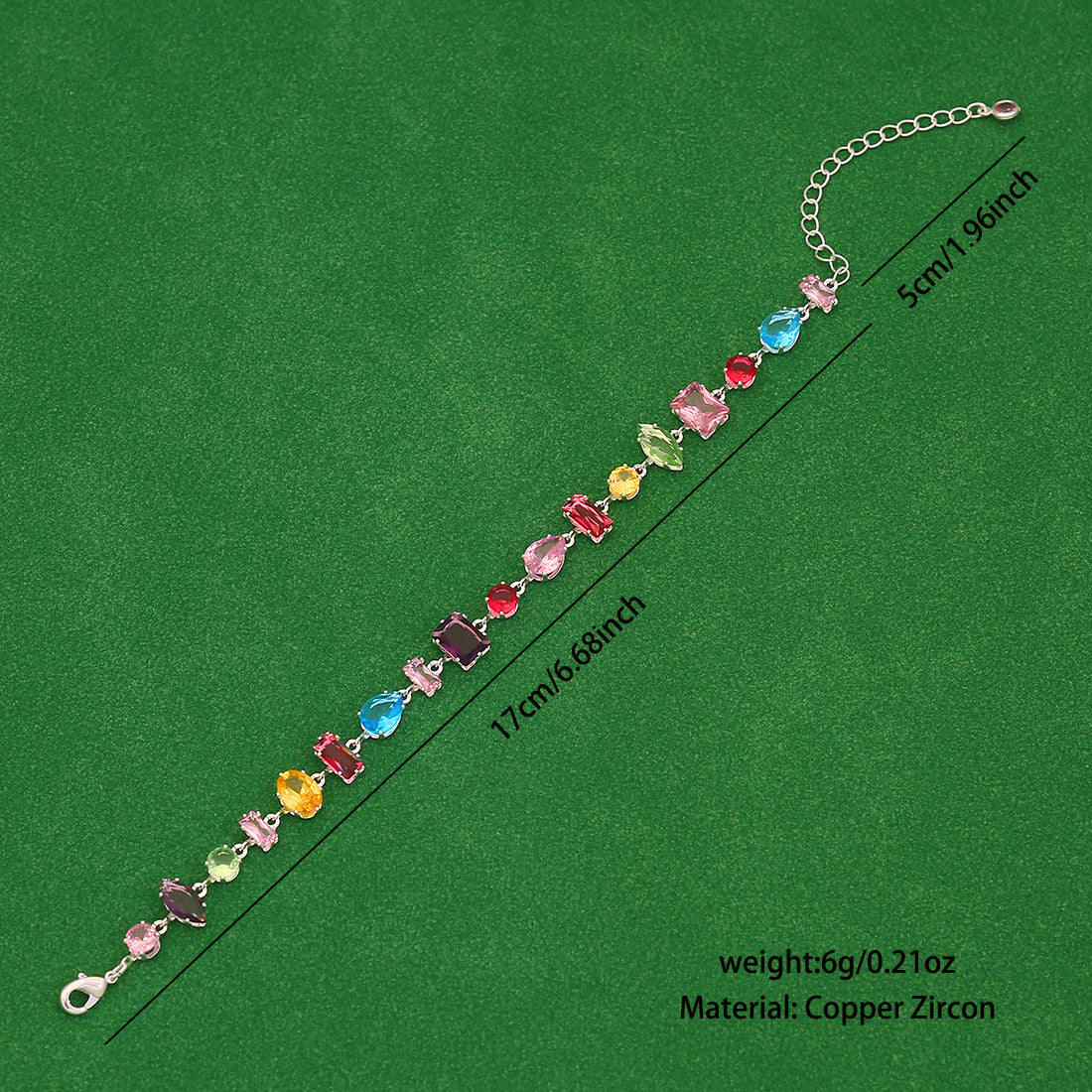 Minimalist Geometric Candy-Colored Zircon Crystal Bracelet for Women in Copper with Micro-Pavé Setting