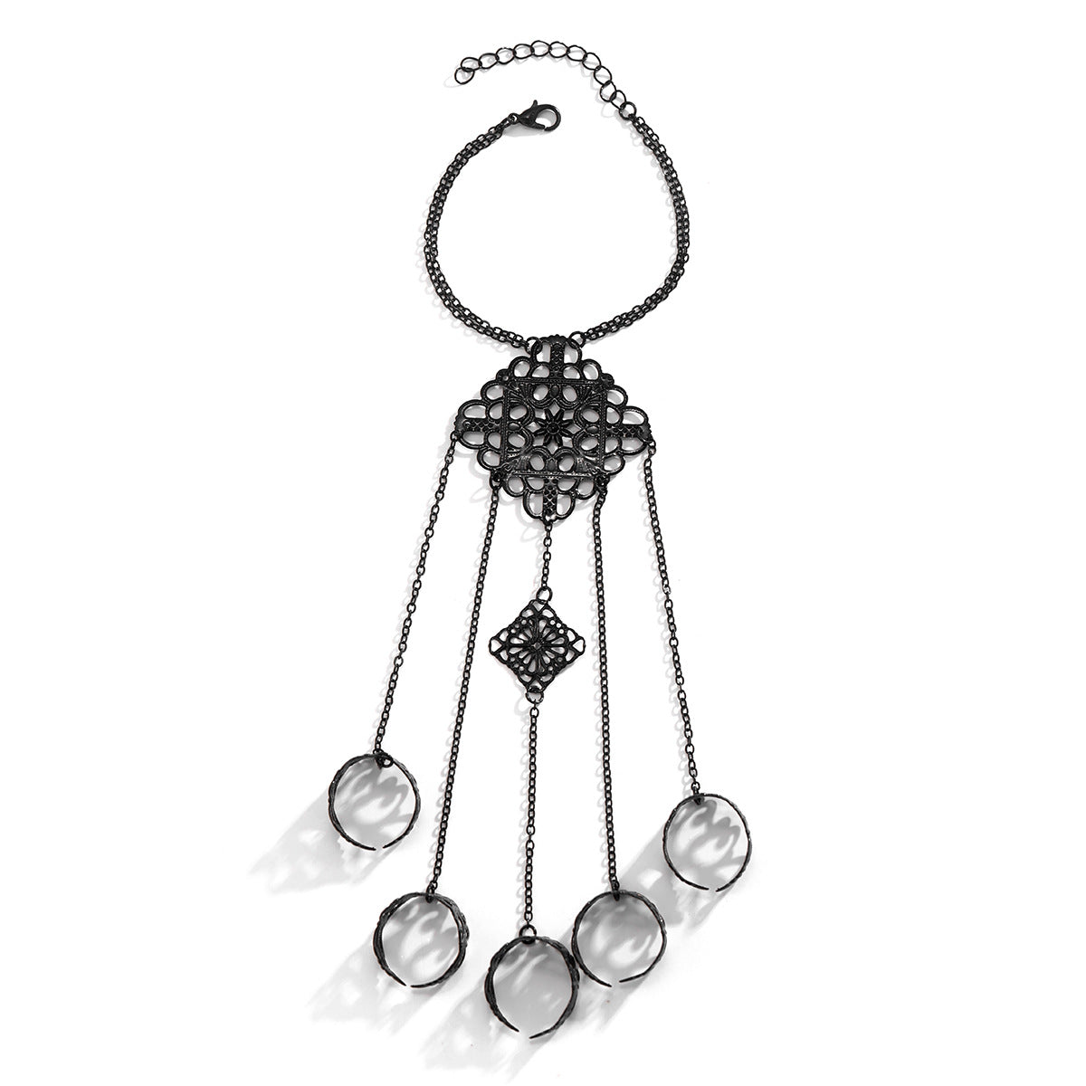 Gothic Style Geometric Pendant Finger Bracelet with Tassel and Chain Detail for Women