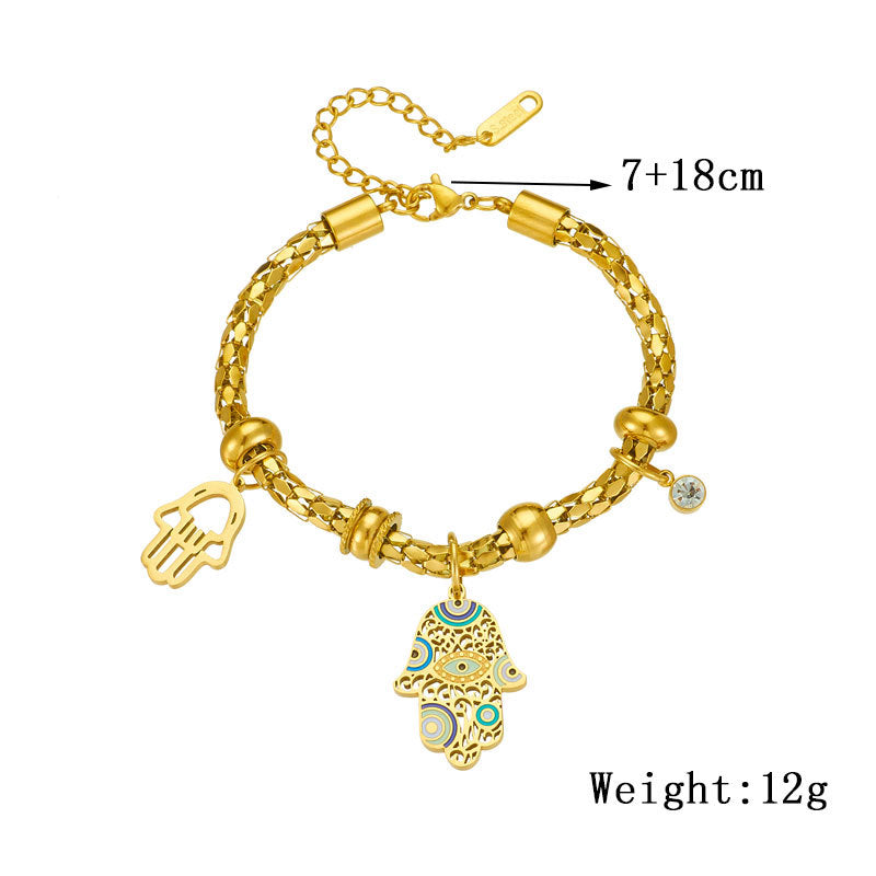 Bracciale a catena cilindrica con ciondolo a palma smaltato in acciaio al titanio placcato oro, stile vintage, da donna