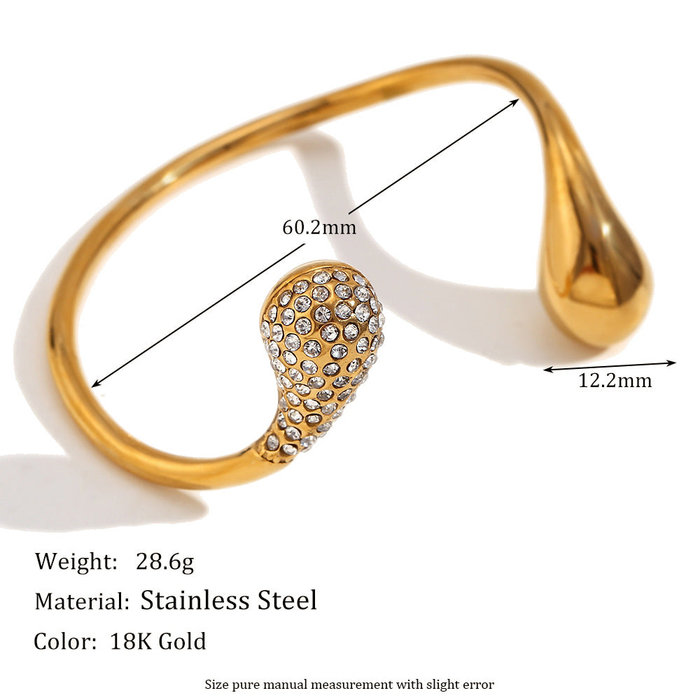 Fashionable Minimalist Stainless Steel Plated 18K Gold Water-Drop Shaped Bracelet with Rhinestones for Women