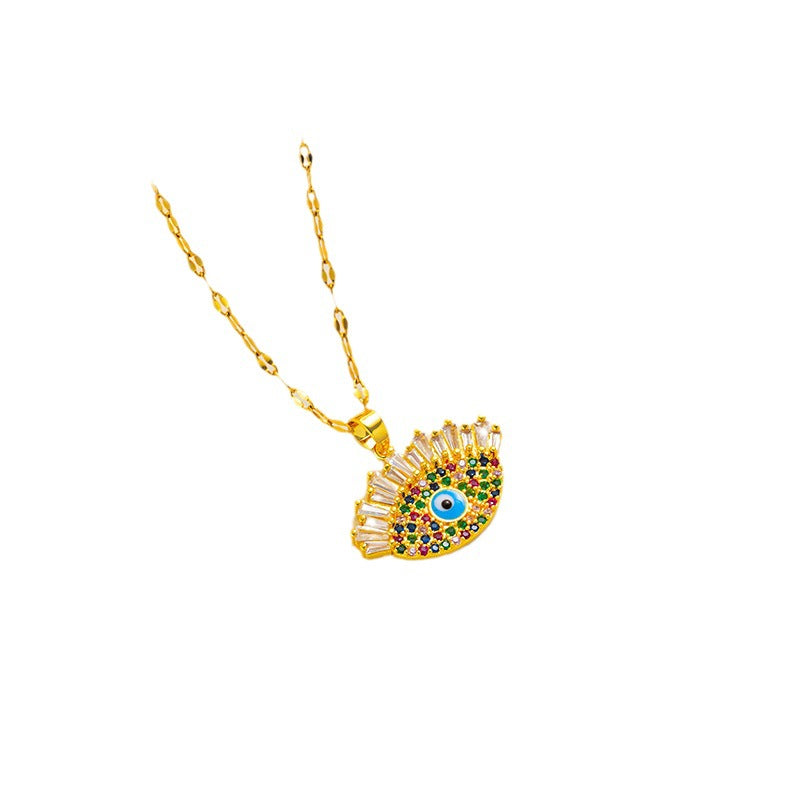 Fashionable Evil Eye Pendant Necklace for Women in Titanium Steel with Rhinestone Inlay and 18K Gold Plating on Wavy Chain