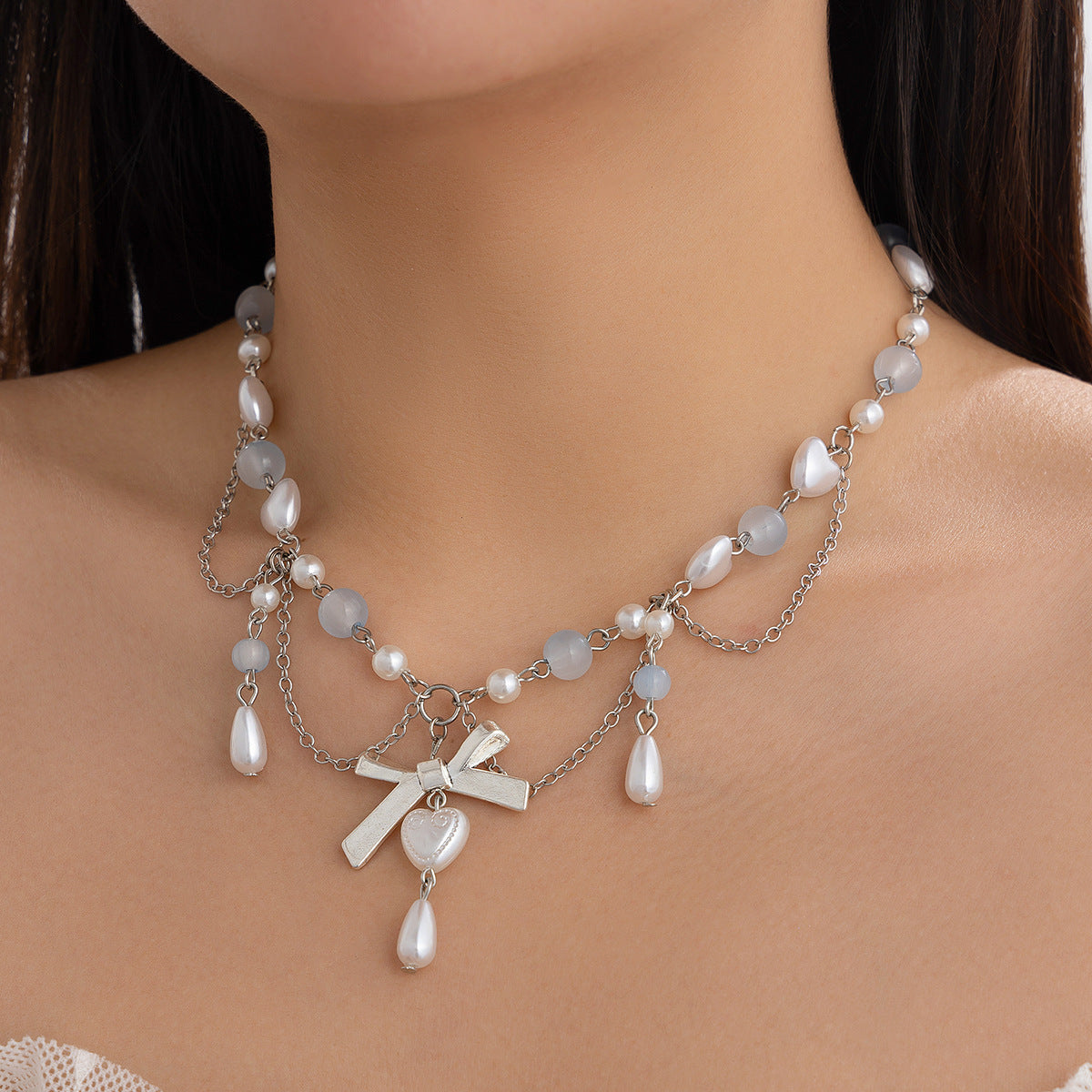 Sweet Matte Alloy Pearl Floral Star Pendant Necklace for Women