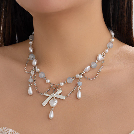 Sweet Matte Alloy Pearl Floral Star Pendant Necklace for Women