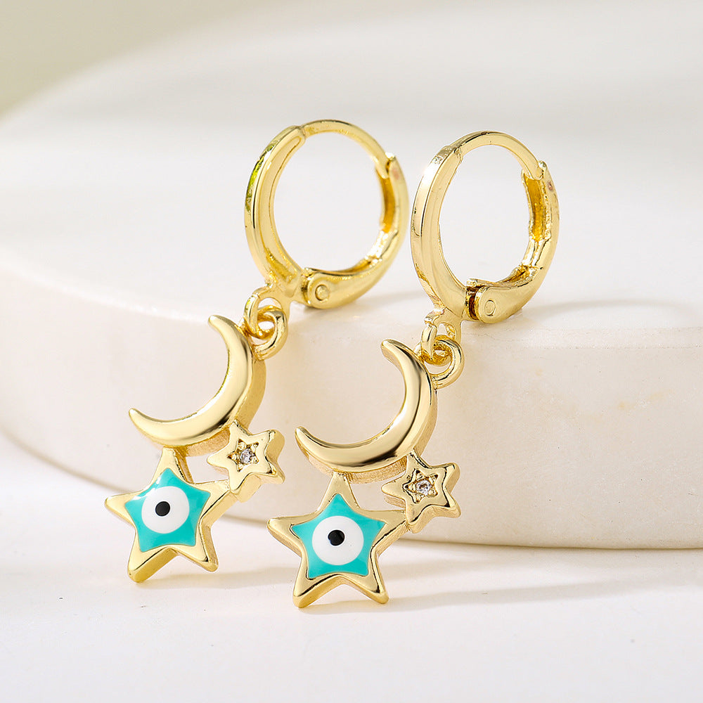 Minimalist Star and Moon Shaped Copper Earrings with Gold Plating for Women