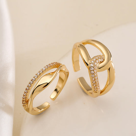 Anillo abierto geométrico minimalista para mujer de latón con chapado en oro de 18K e incrustaciones de circonita