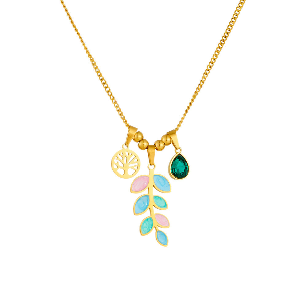 Sweet Drip Oil Plant Shape Gold Plated Stainless Steel Life Tree Pendant Necklace with Serpentine Chain for Women
