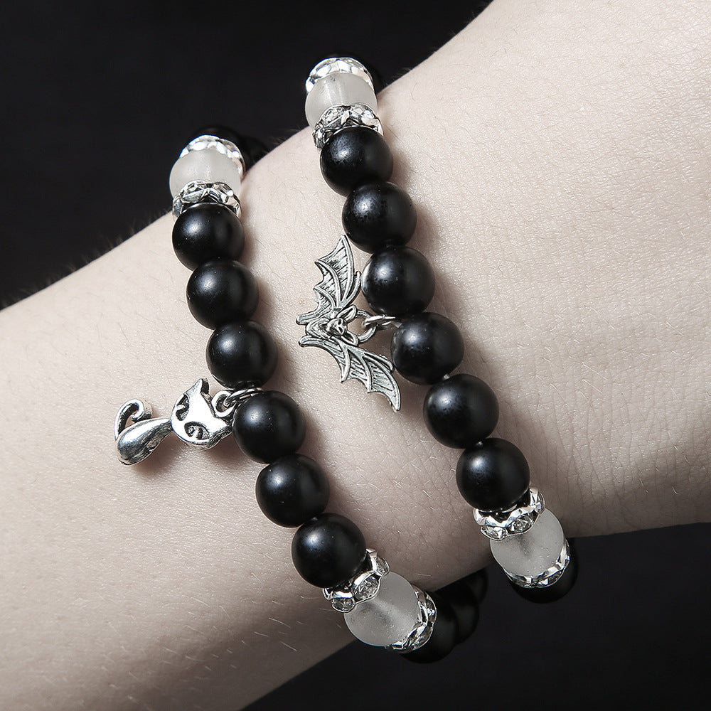 Minimalist Black Matte Geometric Cat and Bat Pendant Beaded Stretch Bracelet