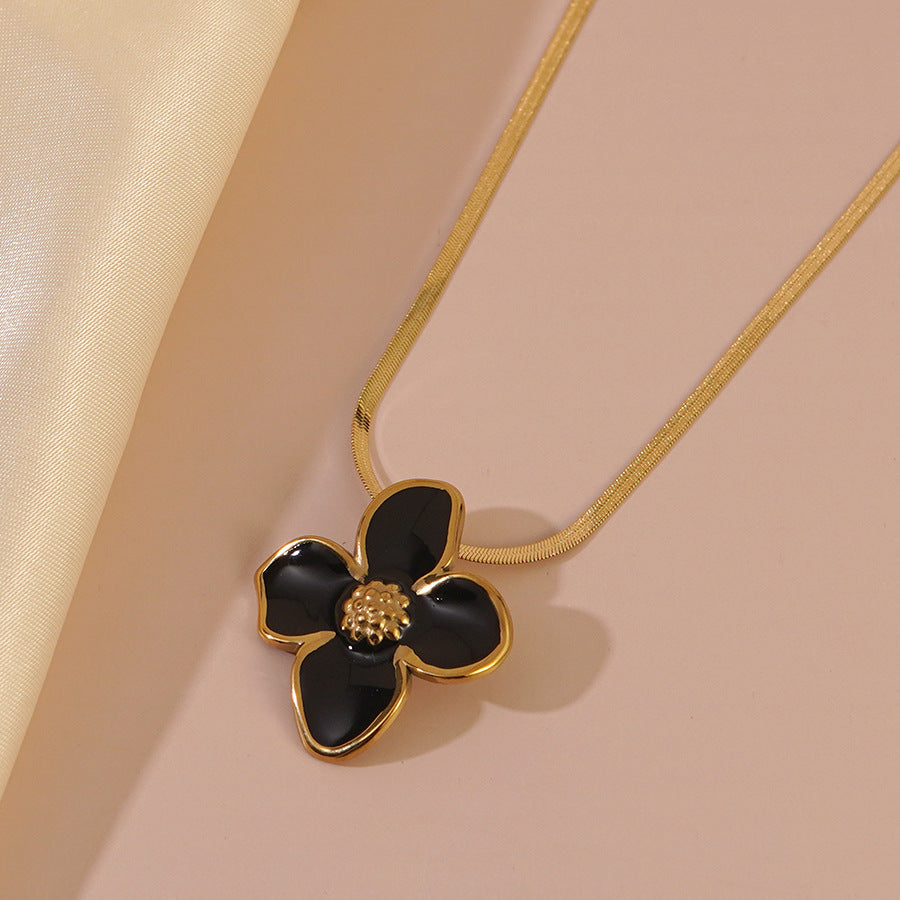 Elegant Drip Oil Plated Floral Stainless Steel Snake Chain Necklace for Women