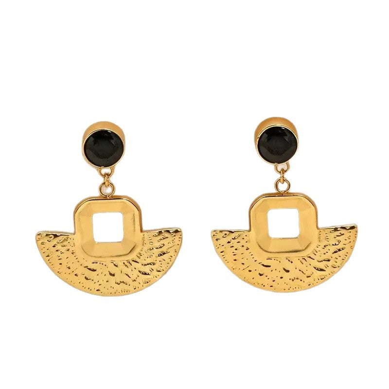 Vintage Geometric Fan-Shaped Textured Plated Stainless Steel Earrings for Women