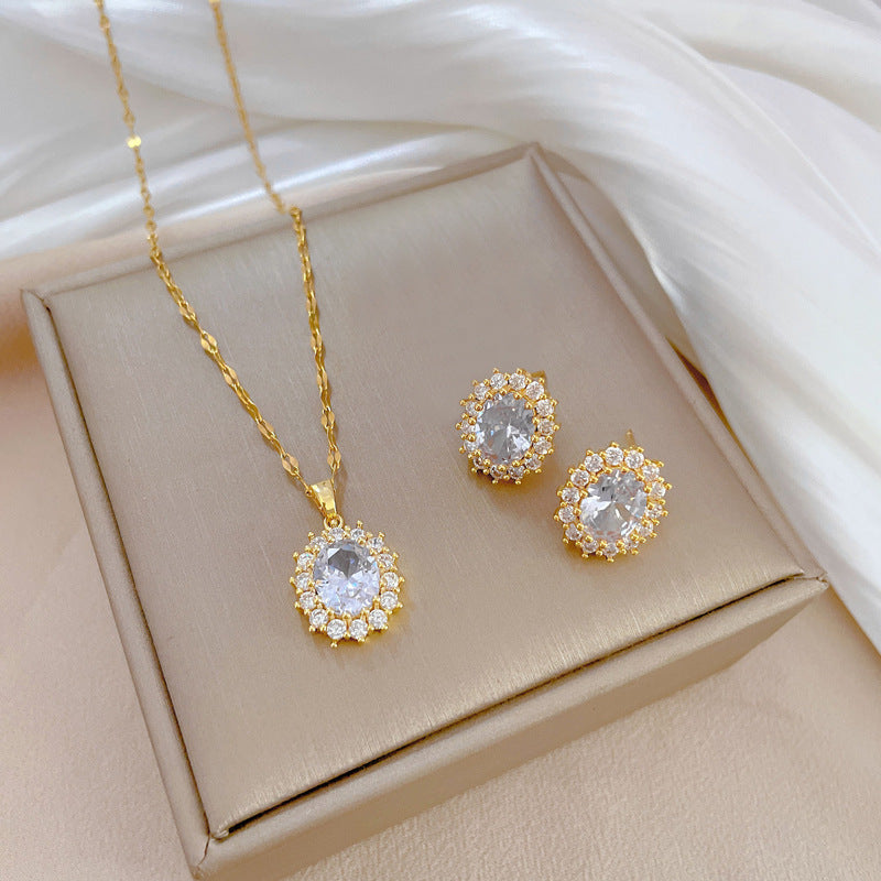 Luxury Fresh and Sweet Plated Brass Zircon Micro-Pave Earrings and Necklace Set