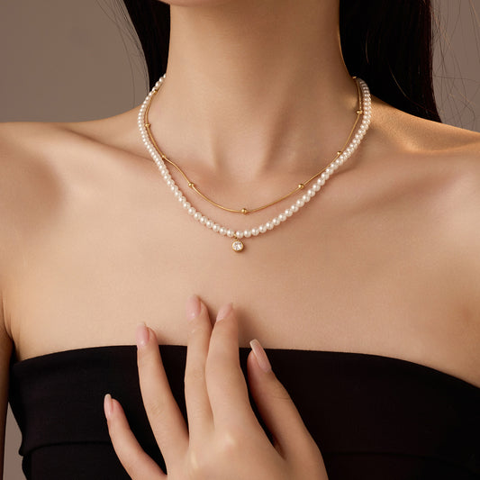 Fashion 18K Gold Plated Stainless Steel Double Chain Necklace with Pearl and Zircon for Women