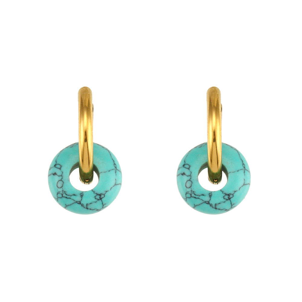 Vintage-Inspired Geometric Stainless Steel Earrings with 18K Gold Plating and Natural Sunstone Cat's Eye Accents for Women