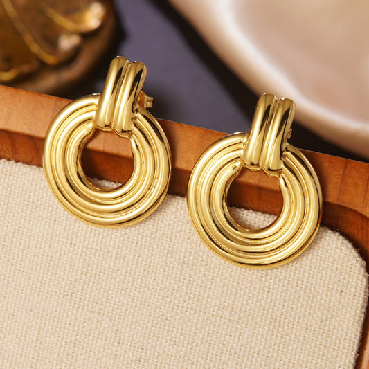 Minimalist Elegant Geometric Round Hollow Plated Stainless Steel Earrings for Women
