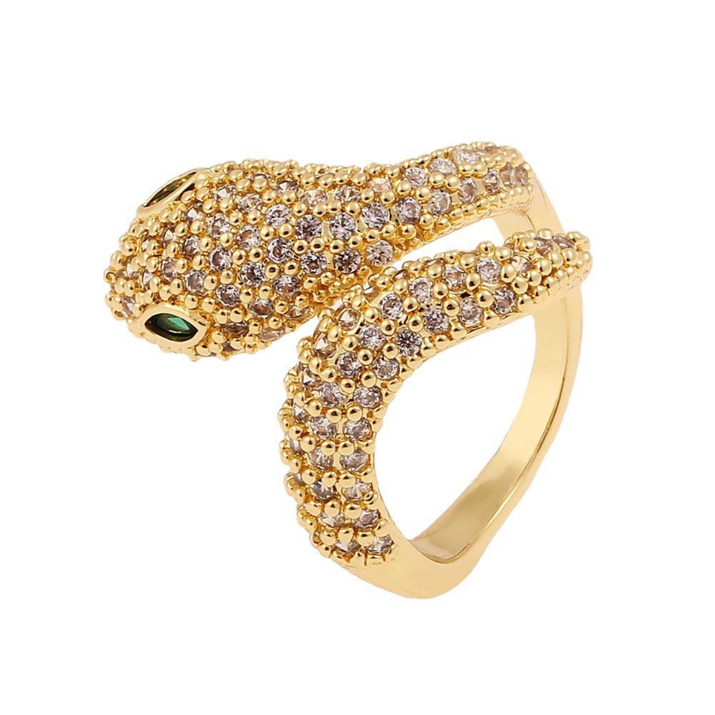 Elegant Snake-Shaped Open Ring with Zirconia Green Eyes in Alloy with Plated Finish for Women