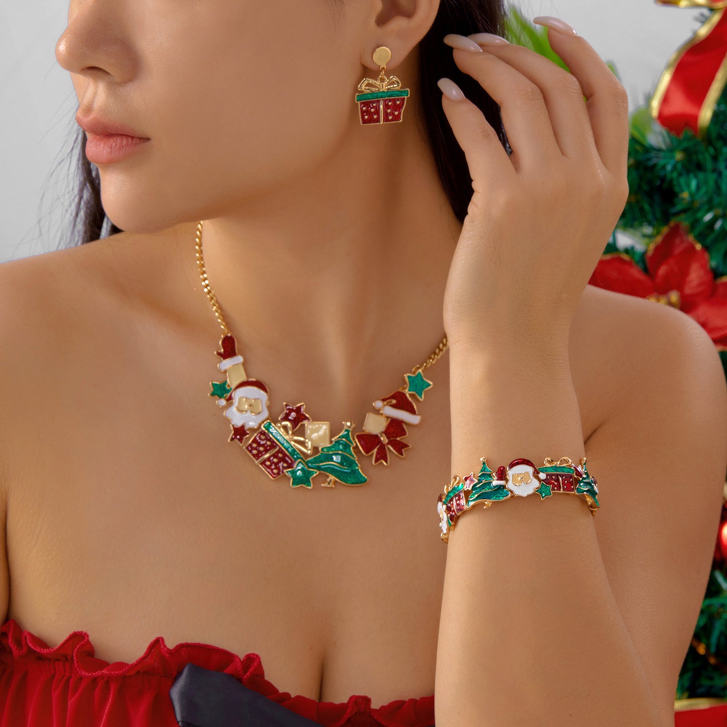 Casual Drip Oil Plated Alloy Christmas Santa Tree Gift Box Necklace Earring Bracelet Set for Women