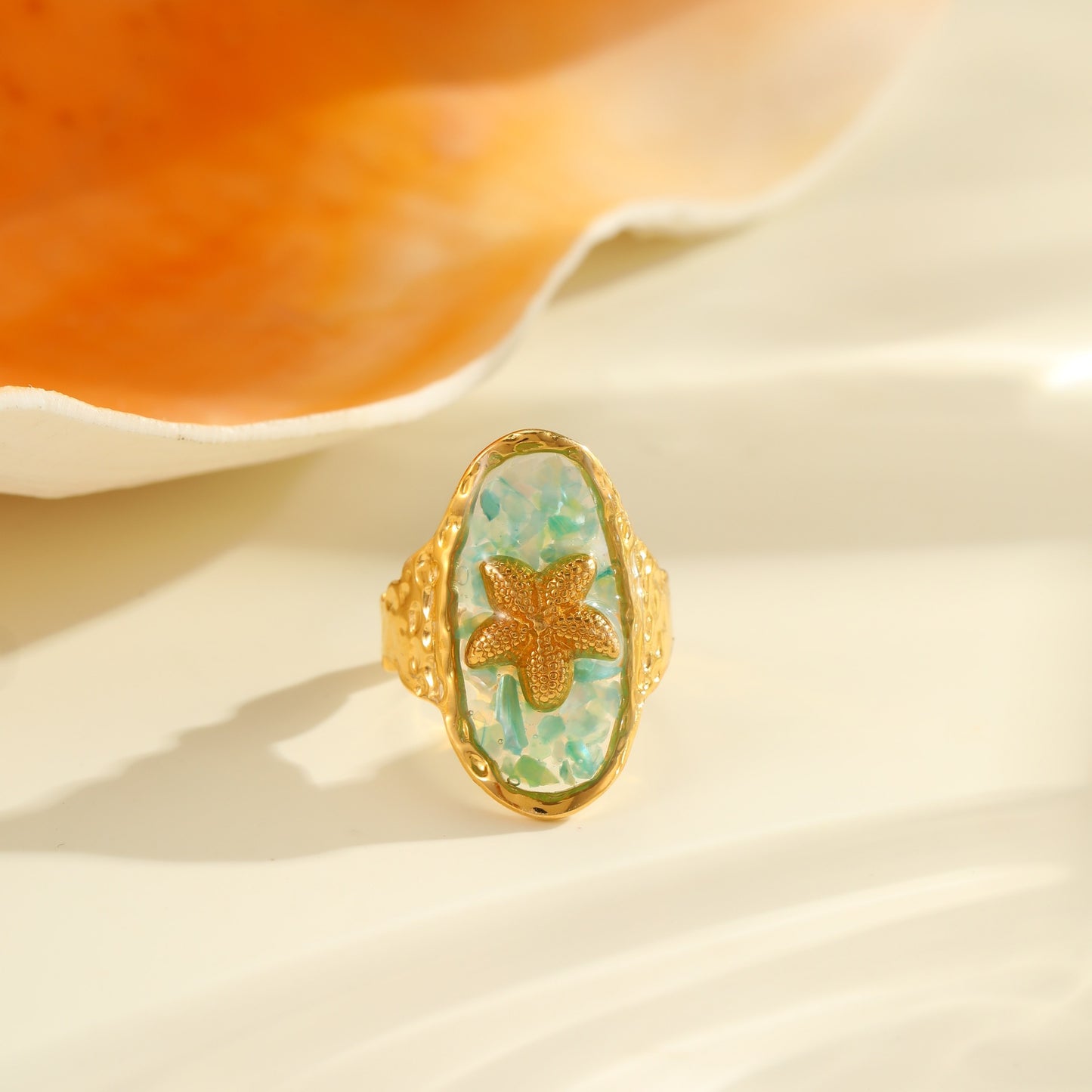 Anello da Donna Minimalista Geometrico in Acciaio Inossidabile con Madreperla e Stella Marina, Placcato Oro 18K