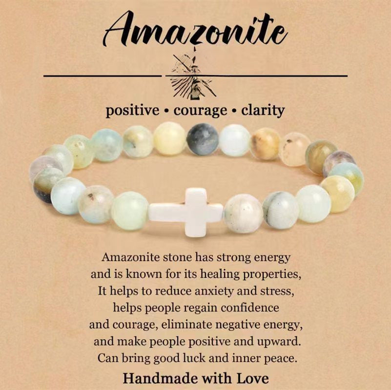 Vintage Bohemian 8mm Agate Cross Beaded Bracelet Unisex Religious Handmade Jewelry
