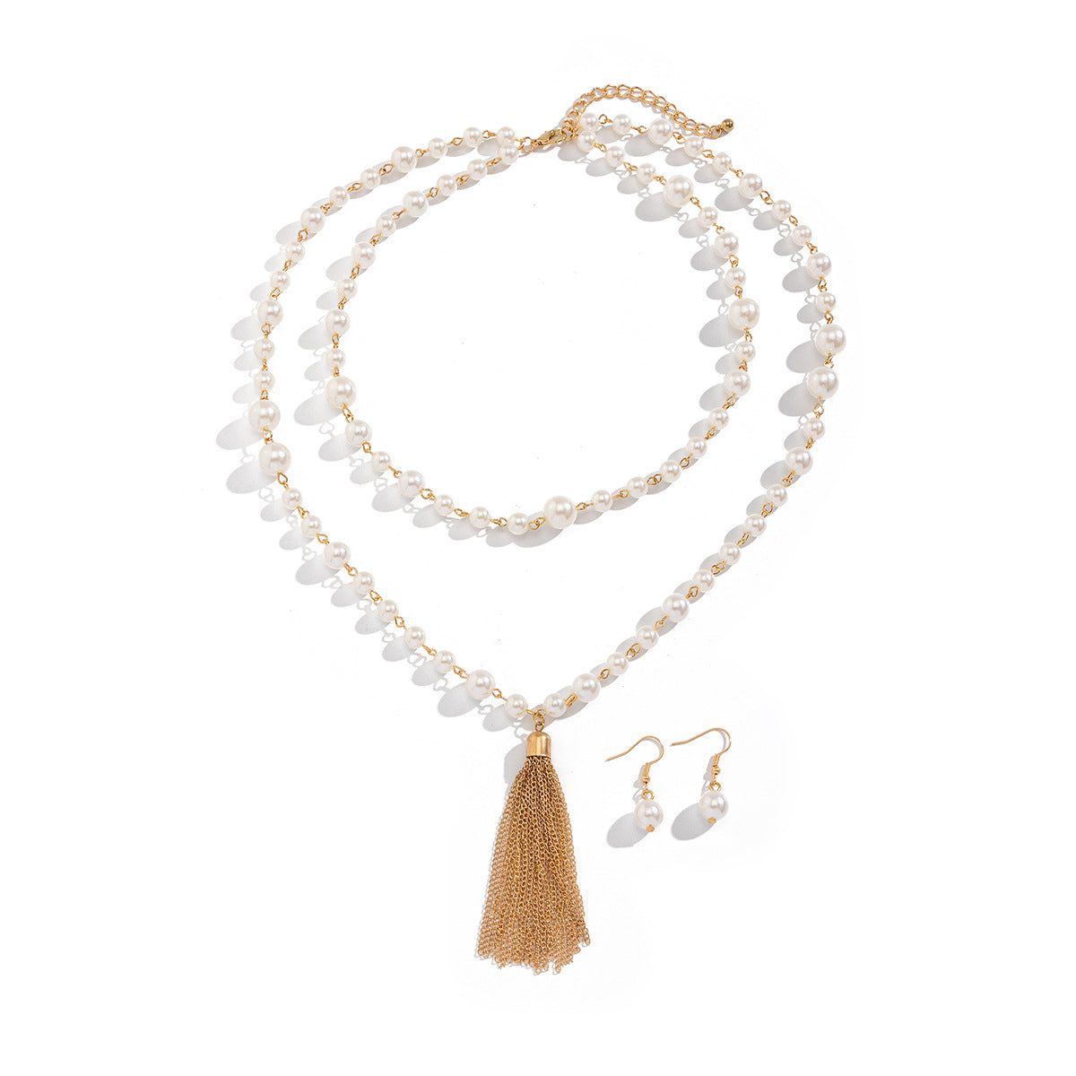 Layered Long Sweater Necklace for Women with Imitation Pearl Beads Geometric Pendant Tassel Detail Handmade Knotting Design