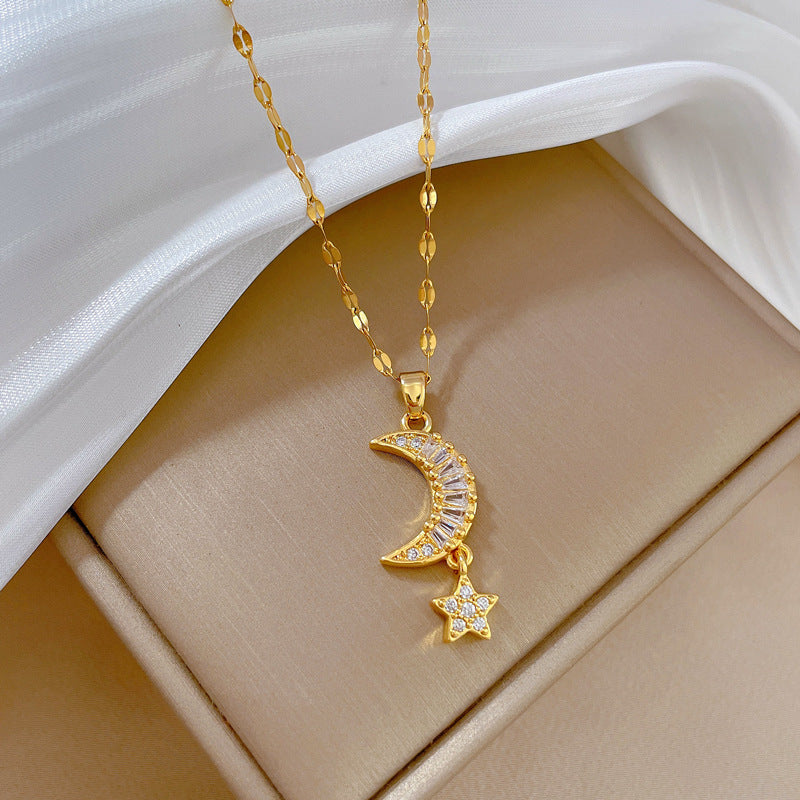 Collana con pendente in acciaio al titanio lusso dolce fresco stella luna geometrica strass unisex