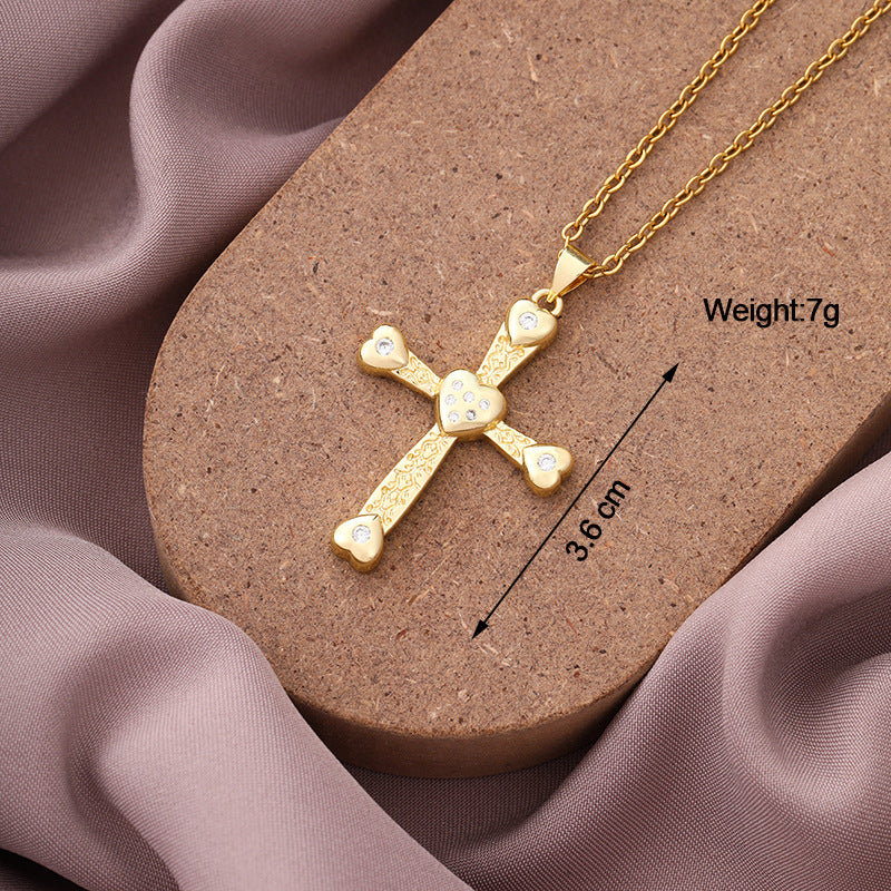 Collar con Colgante de Cruz Vintage en Cobre con Baño de Oro Real y Circonitas Microengastadas en Cadena tipo O