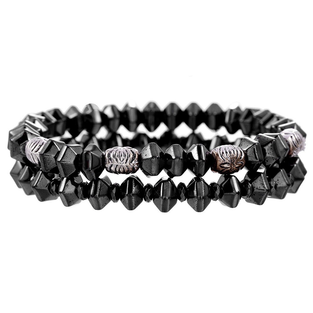 Men's Faceted Hematite and Alloy Beaded Bracelet Set with Geometric Cross Charms