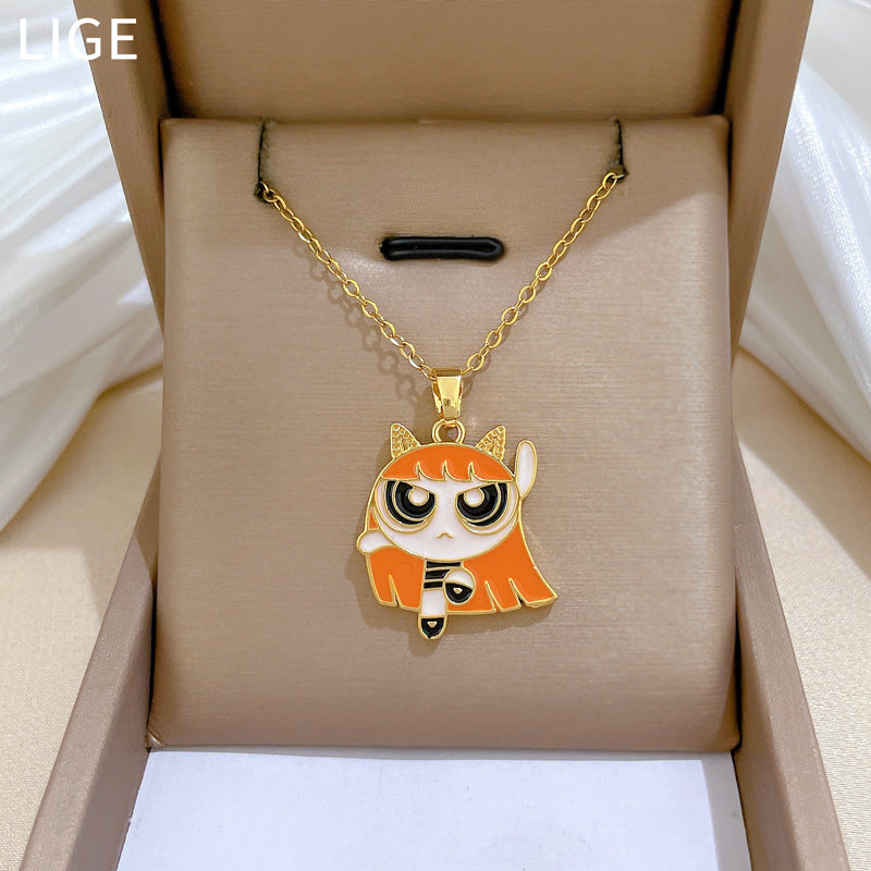 Sweet Cartoon Moon Geometric Rhinestone Pendant Titanium Steel Necklace for Unisex