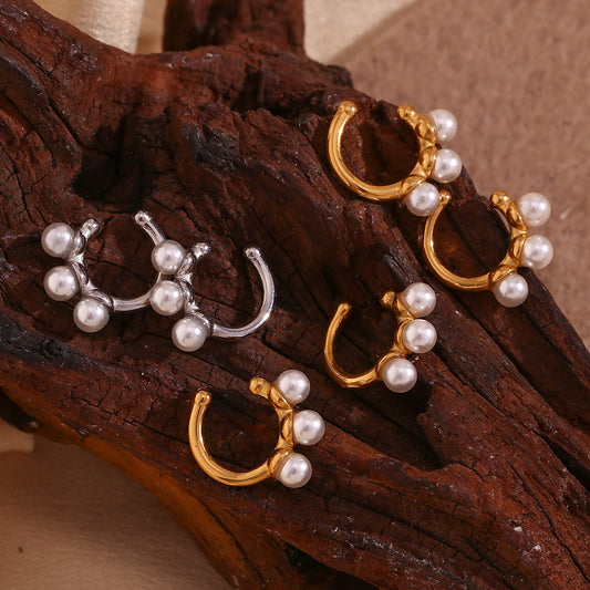 Orecchini a Clip Minimalisti Geometrici in Acciaio Inossidabile con Placcatura in Oro 18K e Tre Perle per Donne