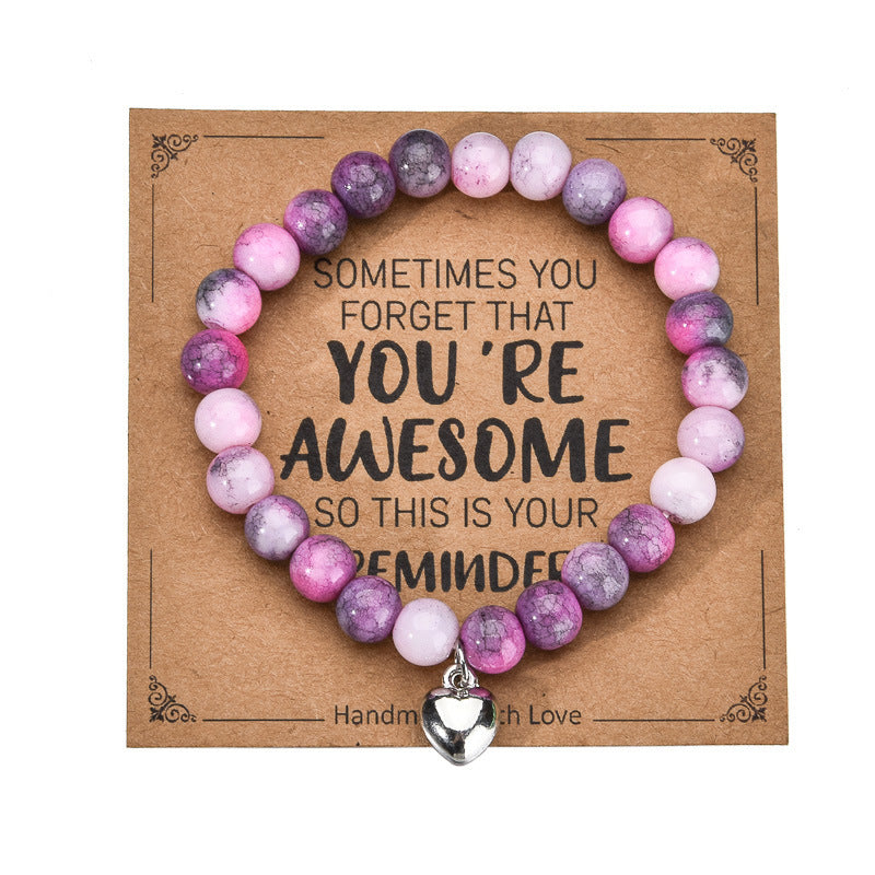 Sweet Zebra Print Agate Heart Bracelet with Imitation Pearl and Green Pink Crystal Unisex Jewelry
