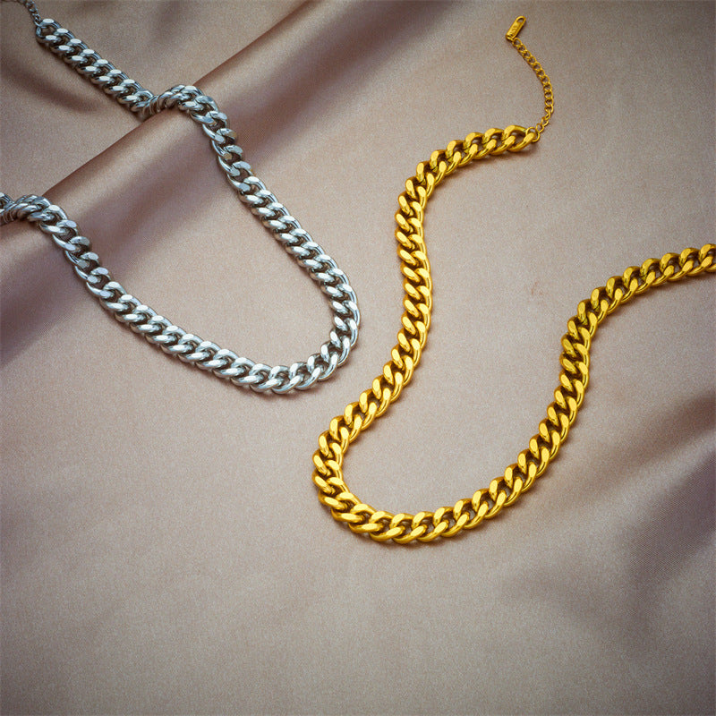 Retro Punk Style Gold-Plated Titanium Steel Necklace and Bracelet Set with Minimalist Chain Design for Women