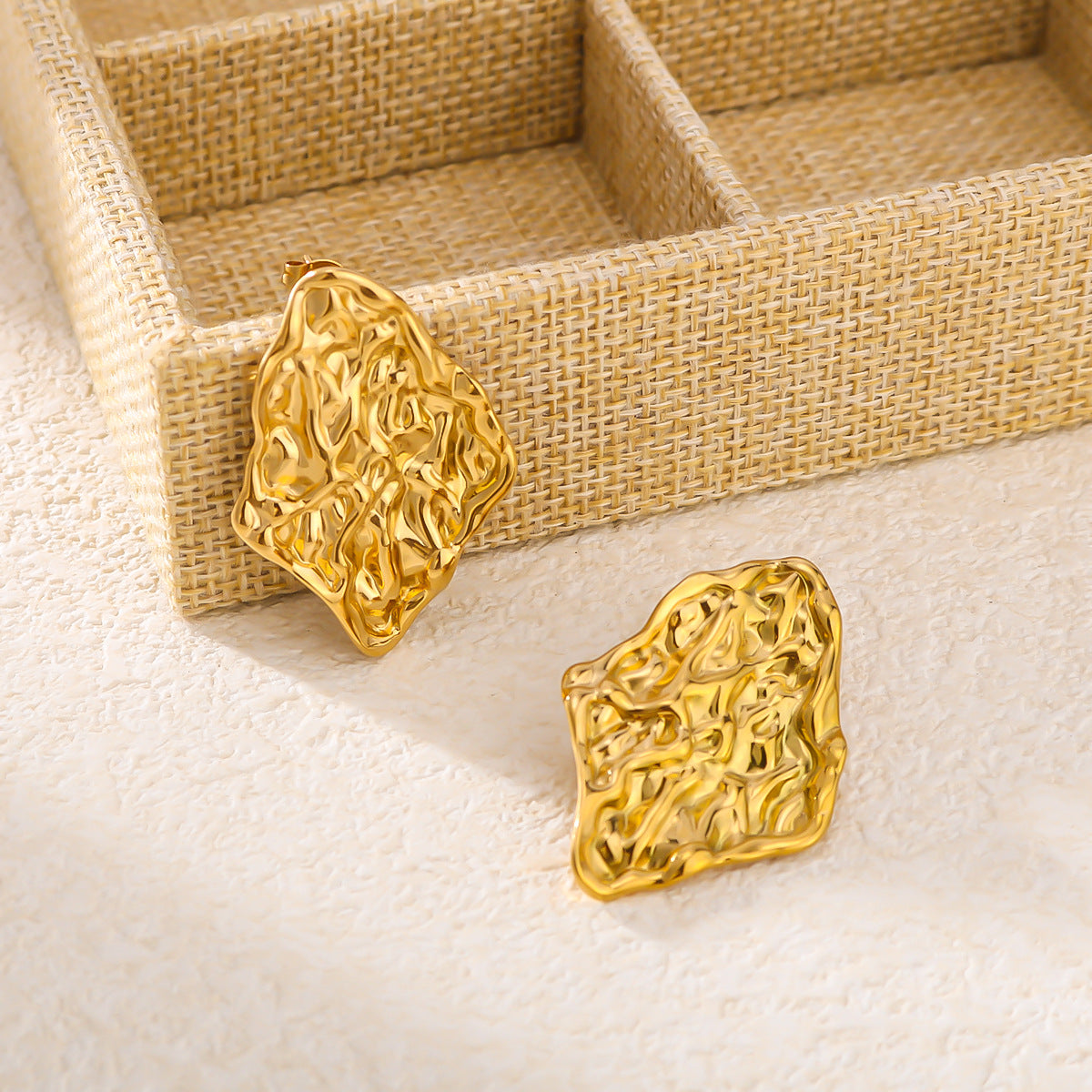 Irregular Geometric Diamond-Shaped Stainless Steel Earrings with 18K Gold Vacuum Plating and Wavy Texture for Women