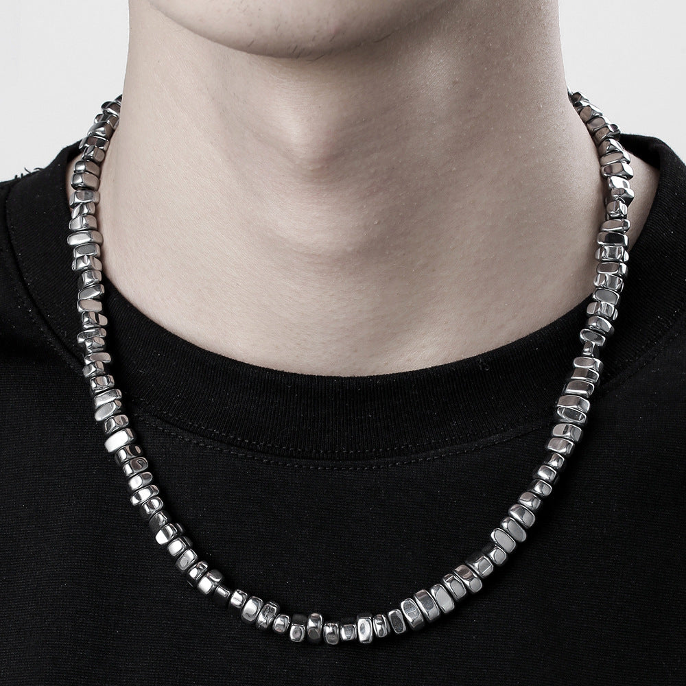 Geometric Black Obsidian Beaded Necklace for Men with Stainless Steel O-Chain and Handcrafted Details