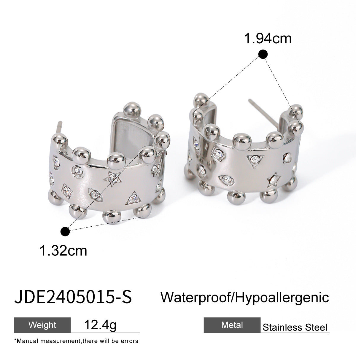 Ins Style 18K Gold Plated Stainless Steel C-Shape Bracelet Ring with Triangle Circle Star Rhinestone and Steel Bead Edge