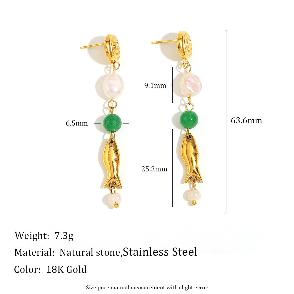 Vintage Style Gold-Fish Shaped Geometric Stainless Steel Earrings with 18K Gold Plating and Pearl Accents
