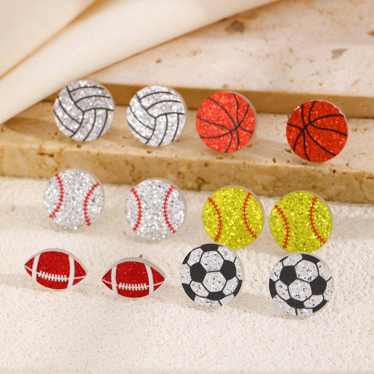 Vintage Acrylic Heart Stud Earrings with Sports Ball Print for Women