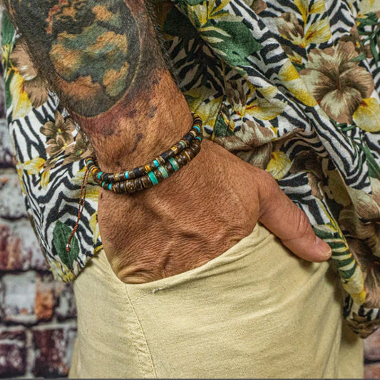 Bohemian Ethnic Geometric Wood Turquoise Beaded Stretch Bracelet for Men and Women