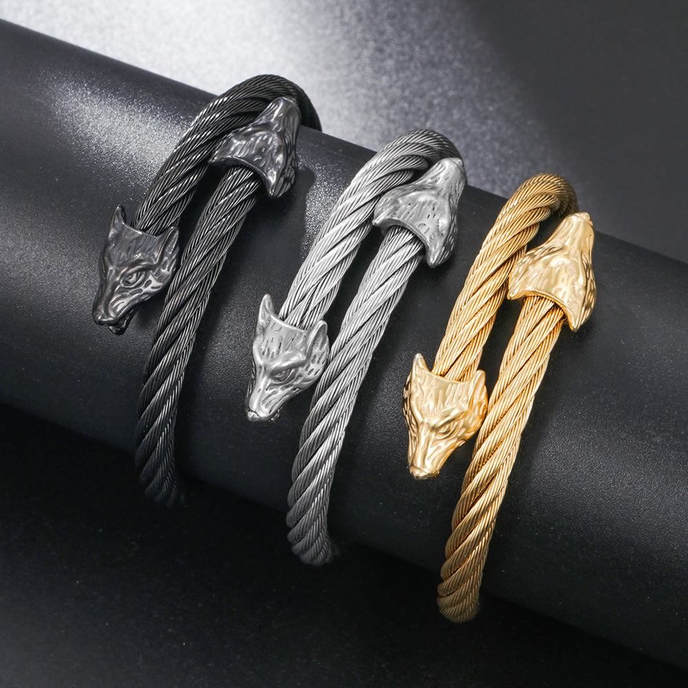Fashion Round Letter Wolf Head Plated Titanium Steel Stainless Steel Woven Open Cuff Bracelet Set for Unisex