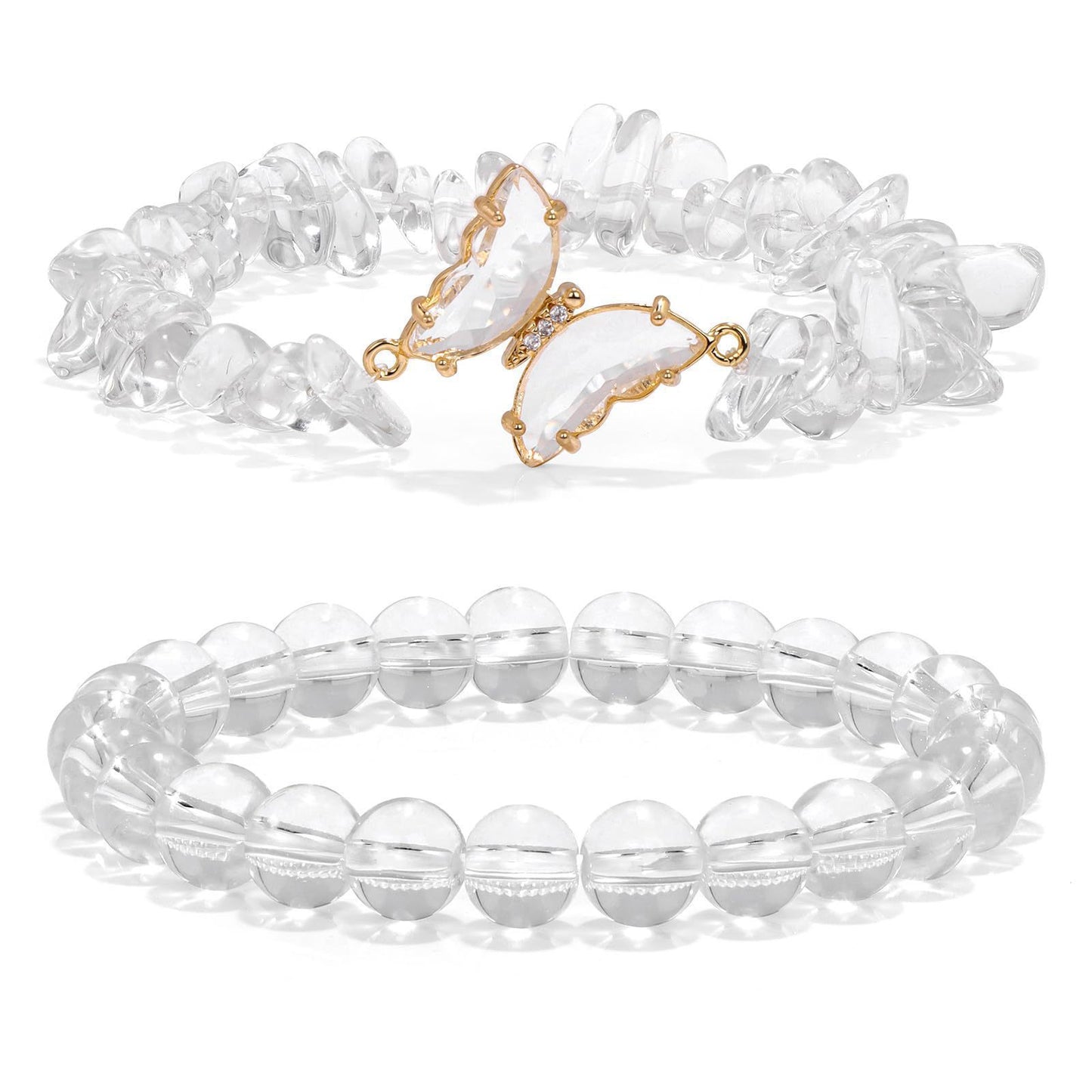 Minimalist Natural Amethyst and White Cat's Eye Crystal Chip Beaded Bracelet with Butterfly Charm for Women