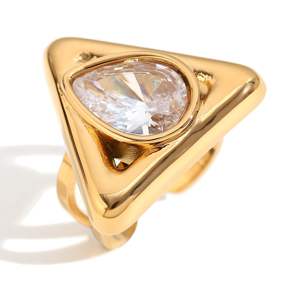 Fashionable Geometric Stainless Steel Ring with 18K Gold Plating and Teardrop Rhinestone Accents for Women