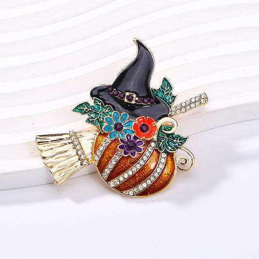 Halloween-Themed Brooch with Pumpkin Witch Hat and Broom Design in Zinc Alloy with Enamel Finish and Rhinestone Accents