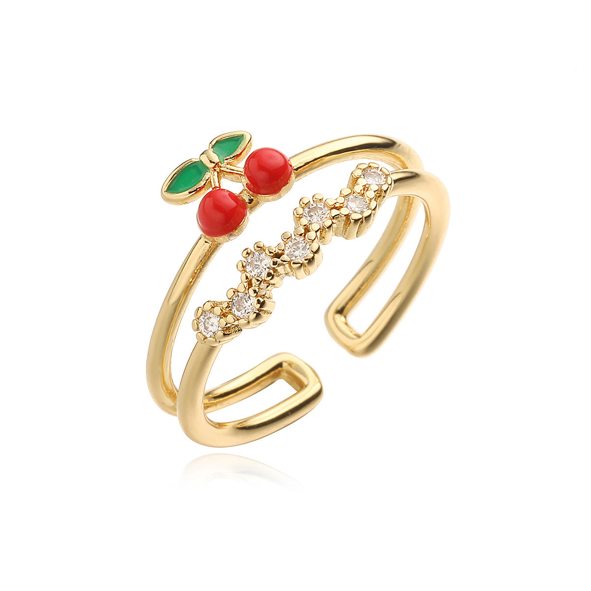 Minimalist Geometric Strawberry Cherry Open Ring for Women in Copper with Micro-Pavé Zirconia