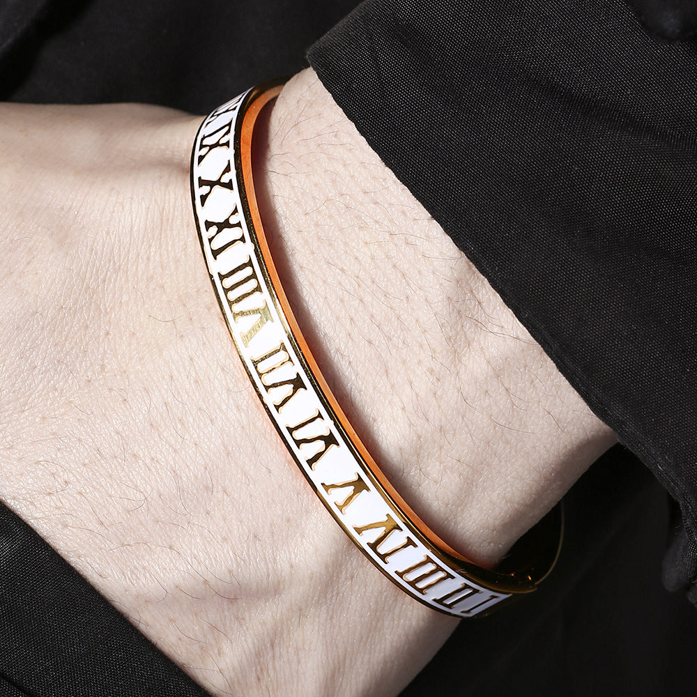 Fashion Unisex Round Roman Number Drip Oil Titanium Steel Bracelet