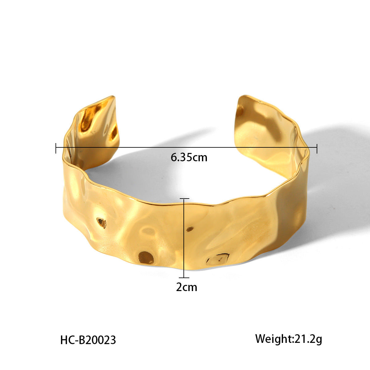 Ins Style Exaggerated 18K Gold Plated Hammered Stainless Steel Open Cuff Bracelet Geometric Round Design