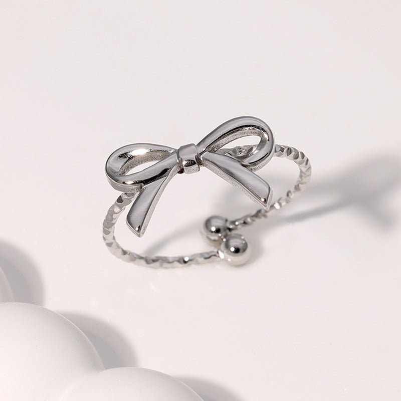 Cute Bow-Shaped Adjustable Open Ring in Stainless Steel with Gold Plating for Women