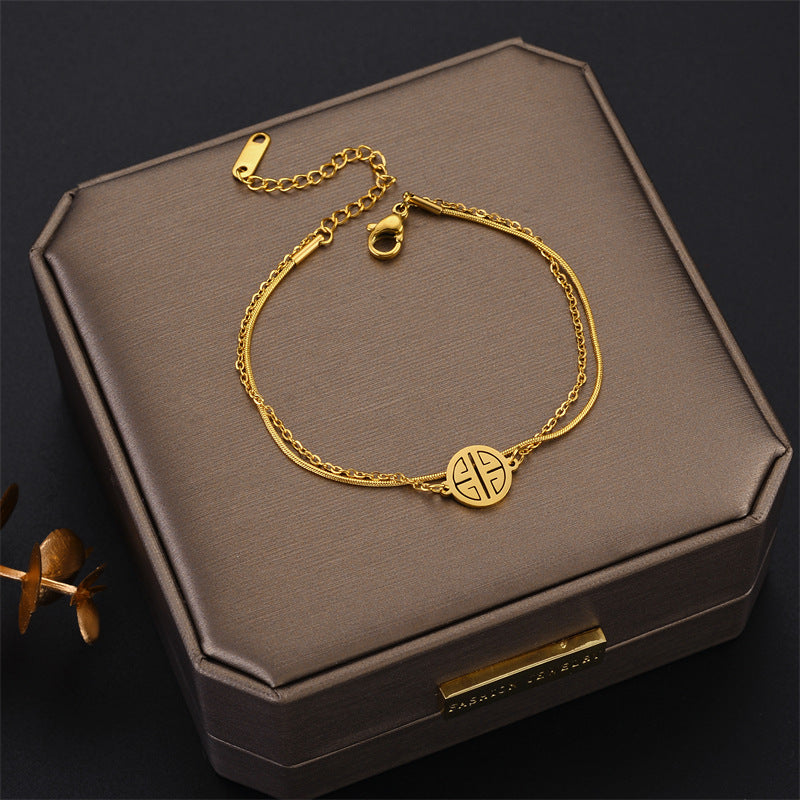 Bracciale da donna minimalista con ciondolo a doppio strato con carattere cinese portafortuna in acciaio al titanio con finitura galvanica