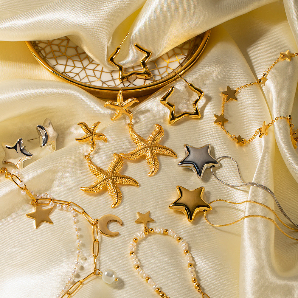 Orecchini minimalisti in acciaio inossidabile a forma di stella con placcatura in oro, design a cerchio sicuro per le donne