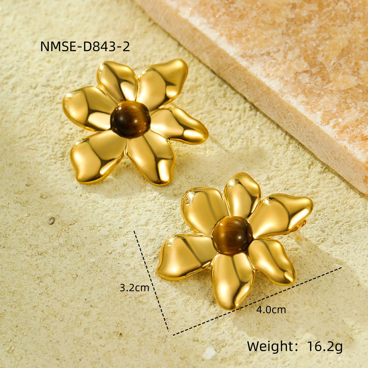 Orecchini da donna in acciaio inossidabile a forma di petalo irregolare, stile vintage, con placcatura in oro 18 carati e pietre colorate naturali