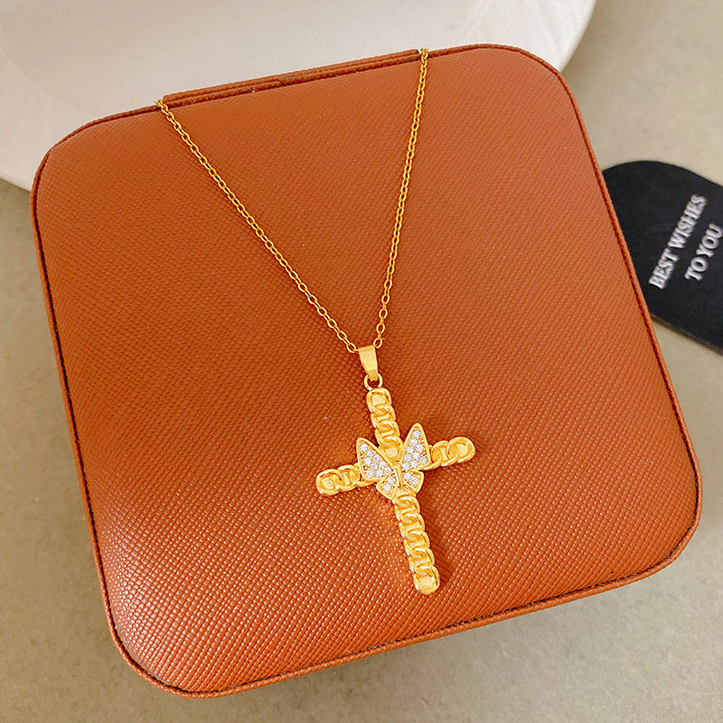 Sporty Sweet 18K Gold Plated Cross Titanium Steel Necklace with Cubic Zirconia for Women